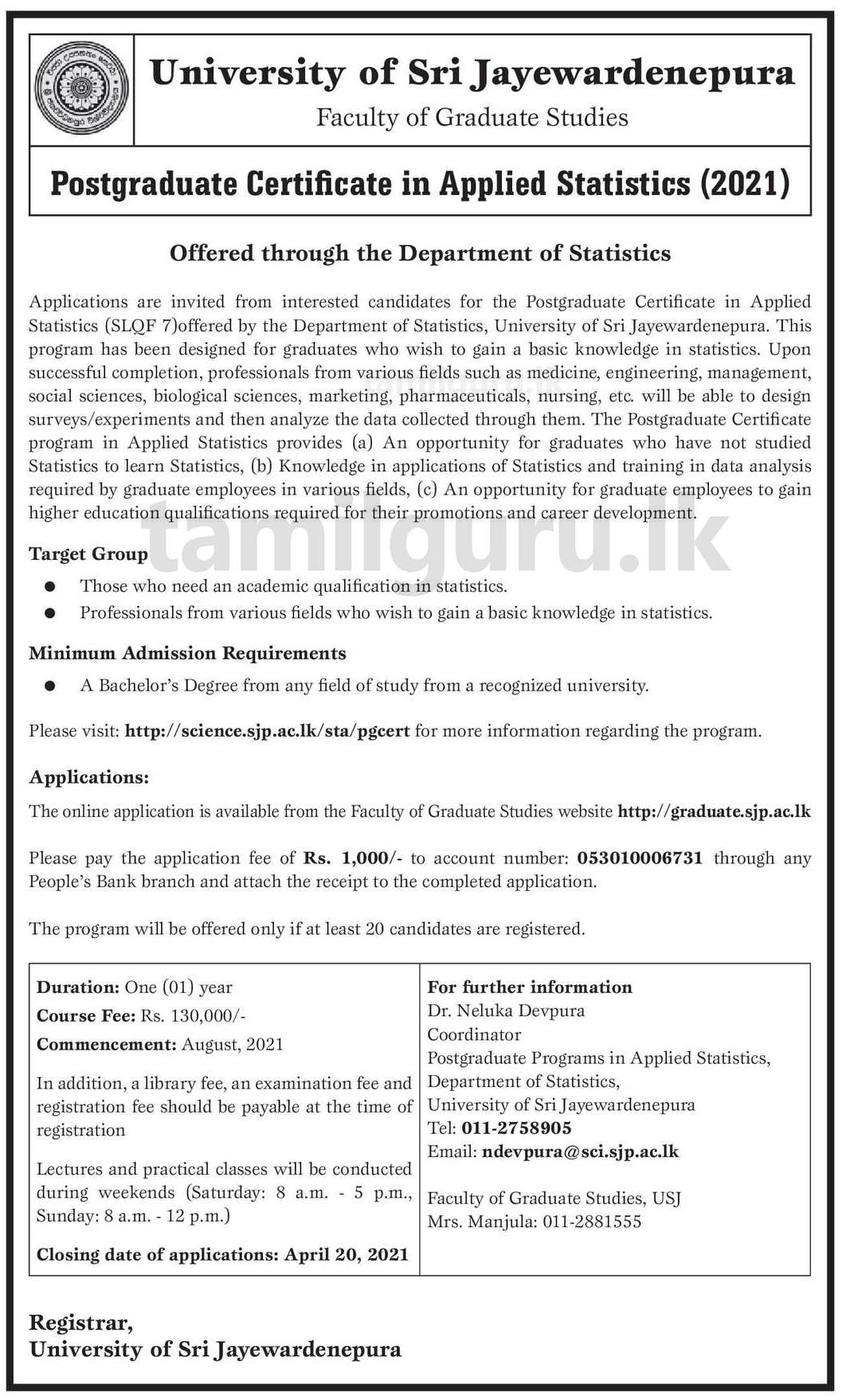 Postgraduate in Applied Statistics 2021 - University of Sri Jayewardenepura