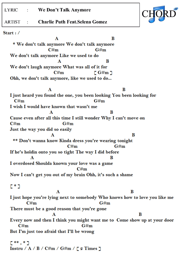 charlie puth we don t talk anymore chord คอร ด เน อเพลง we don t talk anymore charlie puth feat charlie puth we don t talk anymore chord คอร ด เน อเพลง we don t talk anymore charlie puth feat