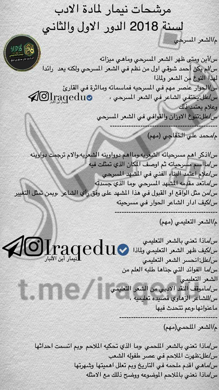 مرشحات الادب والنصوص السادس العلمي 2018 مرشحات الادب والنصوص السادس العلمي 2018