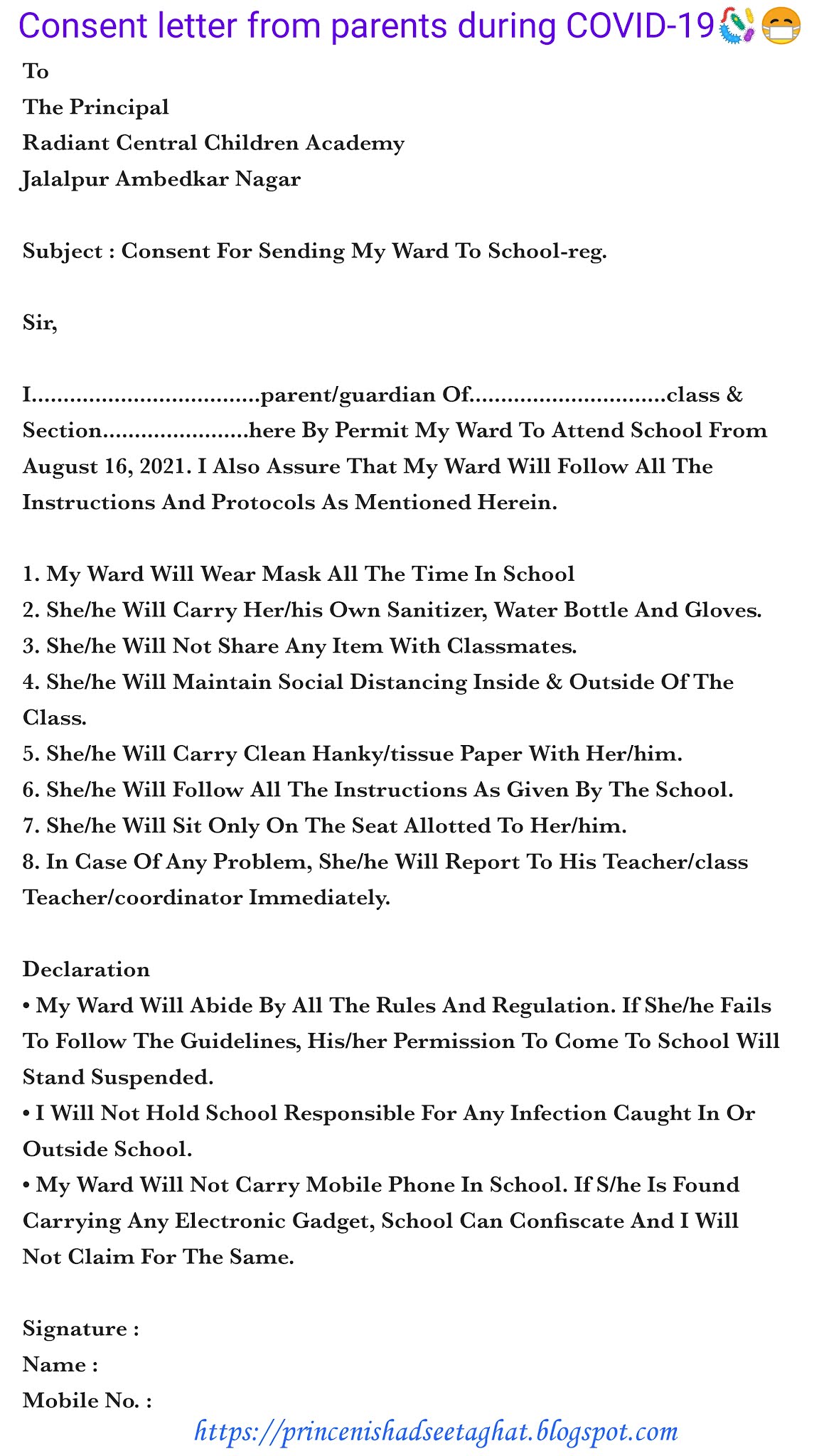 How to write consent letter from parents to school for covid 30