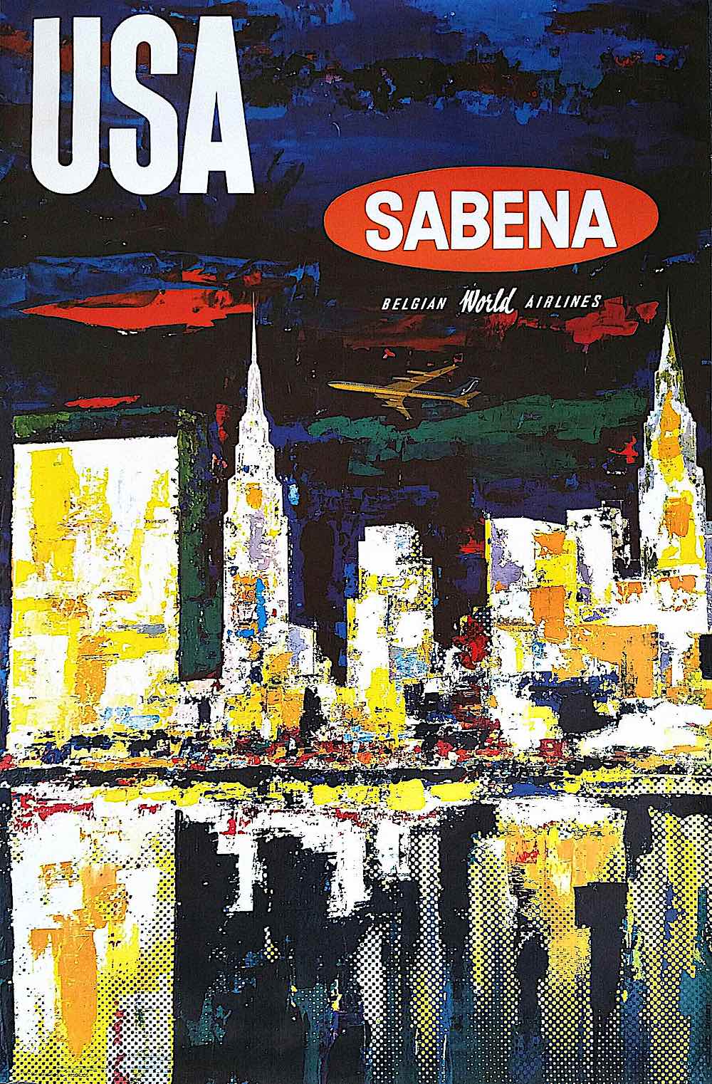 Sabina airline poster Sabina airline poster, a city skyline at night