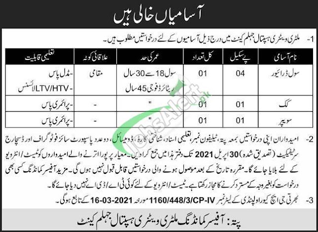 Latest Jobs in pak Army as civilian, Military Veterinary Hospital Jhelum Cantt Jobs April 2021 for Civilians