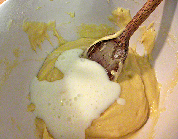 Stirring buttermilk into batter