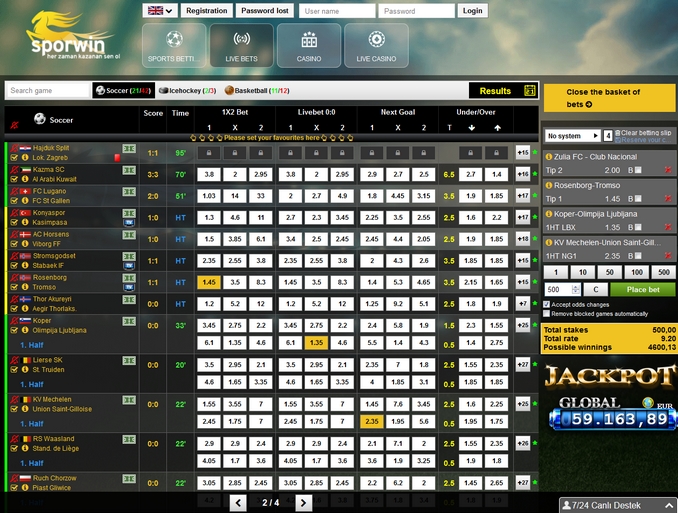Sporwin Live Betting Screen