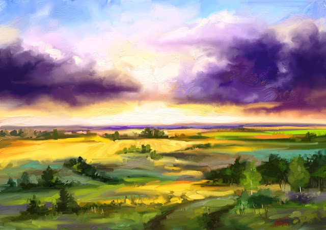 sunny sunset after rain digital painting by Mikko Tyllinen