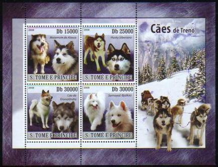 2008年サントメ・プリンシペ民主共和国 アラスカン・マラミュート シベリアン・ハスキー グリーンランド・ドッグ サモエドの切手シート