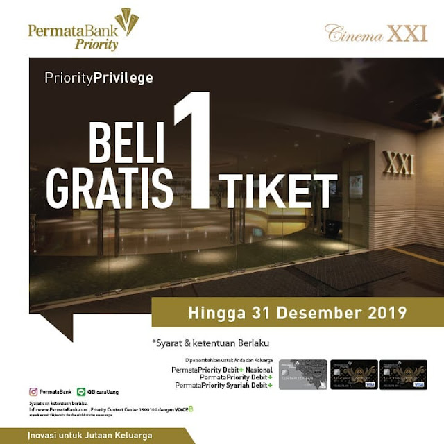 #BankPermata - #Promo Beli 1 Gratis 1 Tiket 21 Cineplex (s.d 31 Des 2019)