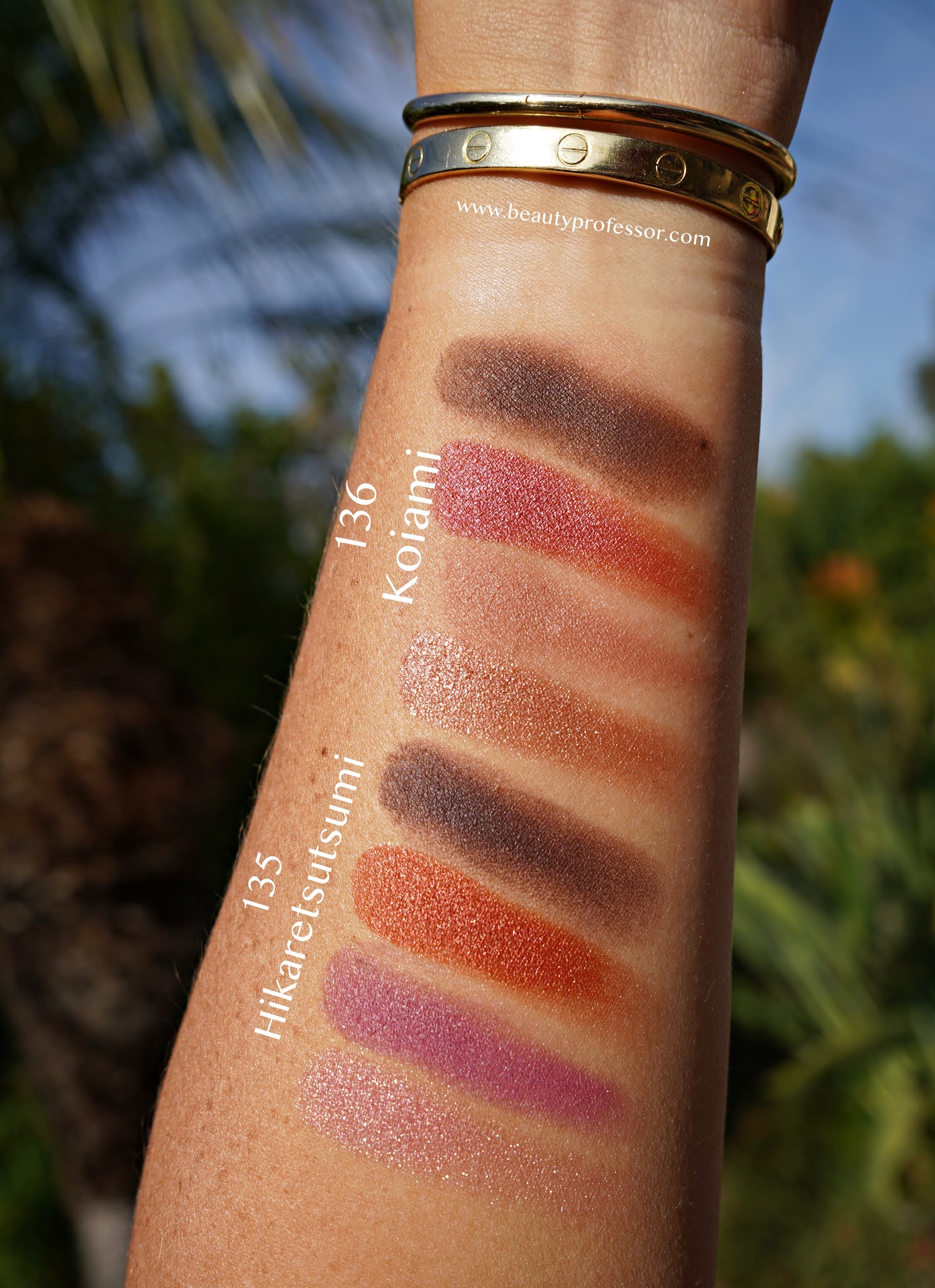 vibrant eyeshadow SUQQU and Lip Color Galore arm swatches