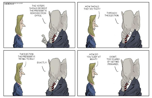 Republican Elephant:  The voters should decide if the President is removed from office.  Woman:  How should they do that?  Elephant:  Through the election.  Woman:  The election the President is trying to rig?  Elephant:  Exactly.  Woman:  How do you sleep at night?  Elephant:  I don't.  I'm too scared of being primaried.