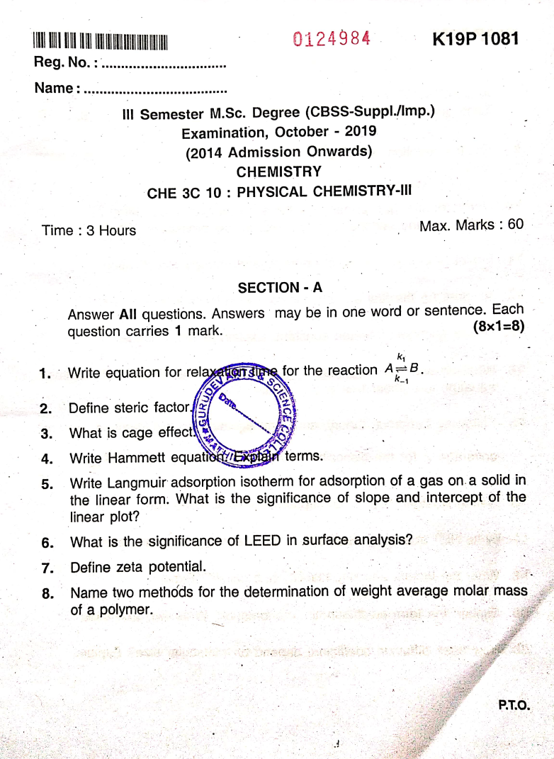 Kannur University M.Sc. Chemistry CHE 3C 10 PHYSICAL CHEMISTRY III
