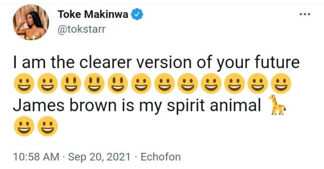 James Brown is my spirit animal— Toke Makinwa supports James as trolls mocked him for packing his manhood well in his feminine outfit