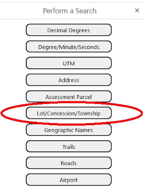 Screen capture of the "Perform a Search" menu from the Ontario "Make a Topographic Map" site.