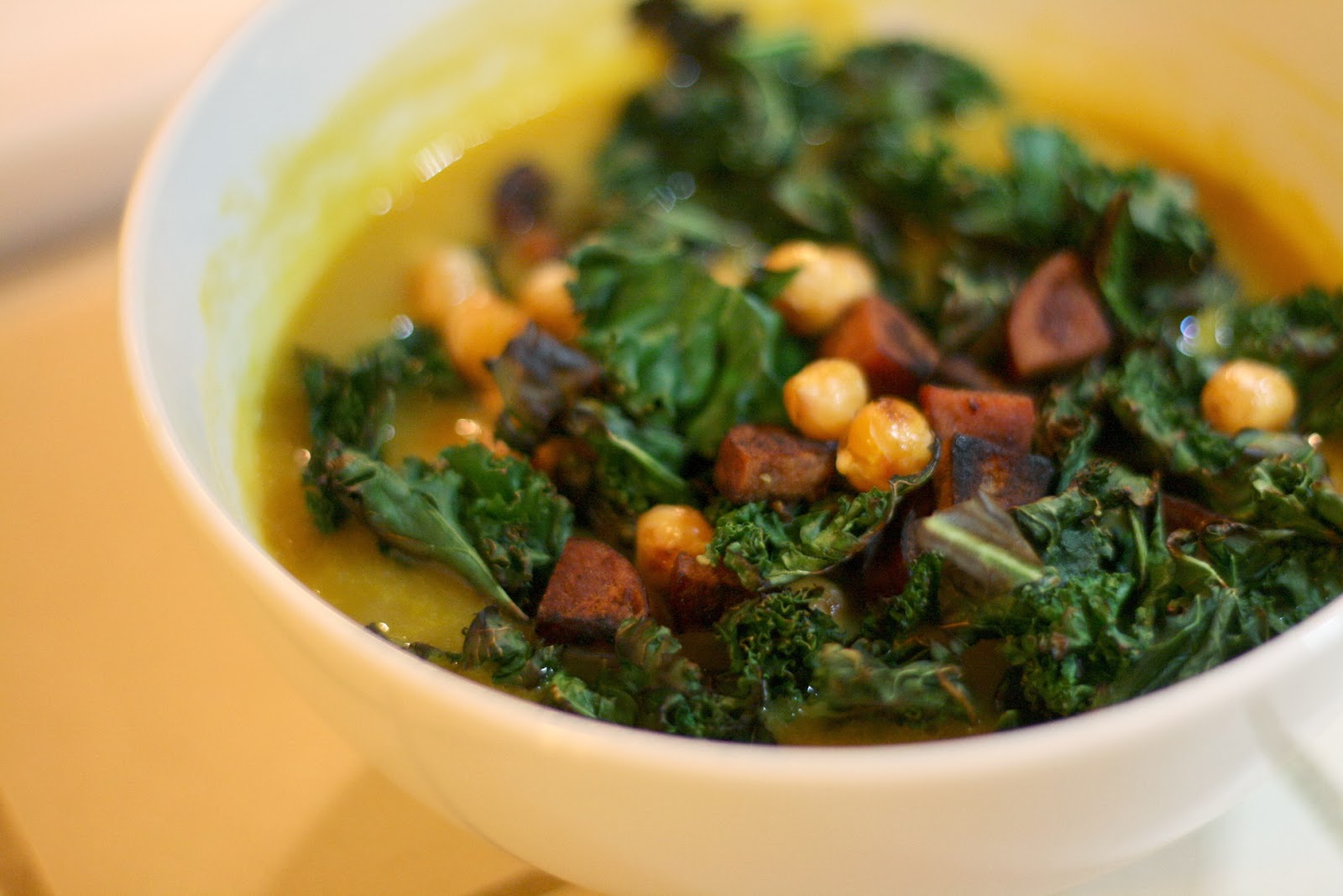Laine's Recipe Box Sweet Potato Soup with Chorizo, Chickpeas, and Kale