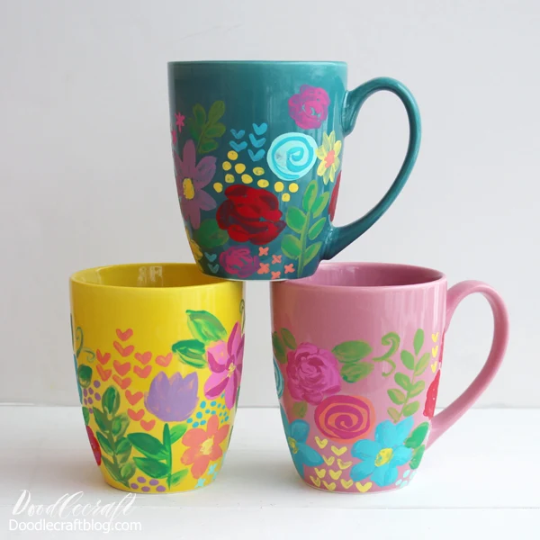 Hand Painted Floral Ceramic Mugs with Plaid Dishwasher Safe Mod Podge