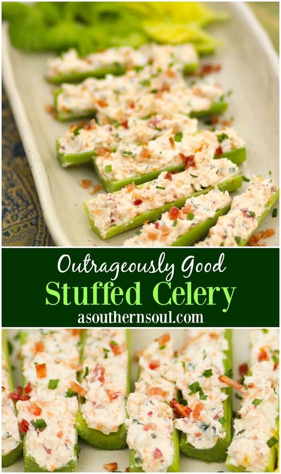Celery sticks stuffed with cream cheese, bacon, herbs and cheddar cheese are outrageously good! Served as an appetizer or snack, this is a recipe that’s sure to become a favorite at parties, cookouts and family gatherings. #stuffedcelery #celery #appetizer #easyrecipe #creamcheeseappetizer #bacon #snacks #partyfood #cocktails