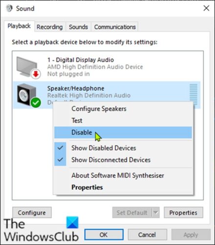 Habilitar o deshabilitar dispositivos de reproducción de dispositivos de salida de sonido