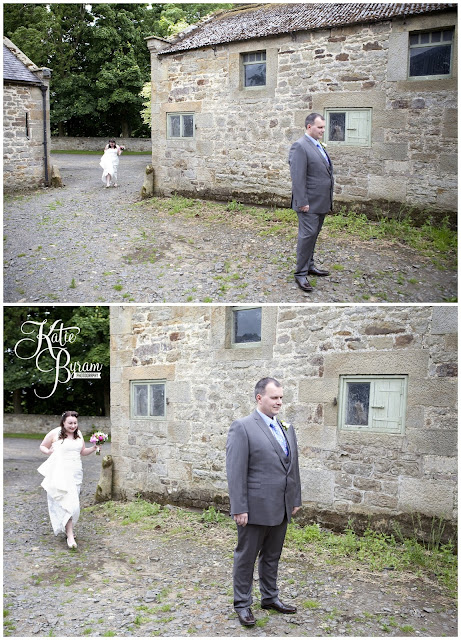 bride and groom first look bride in window, bridal prep, vintage wedding, high house farm brewery wedding, northumberland wedding photography katie byram photography, 