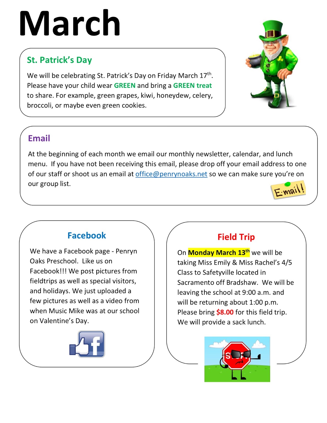 Penryn Oaks Preschool March Newsletter