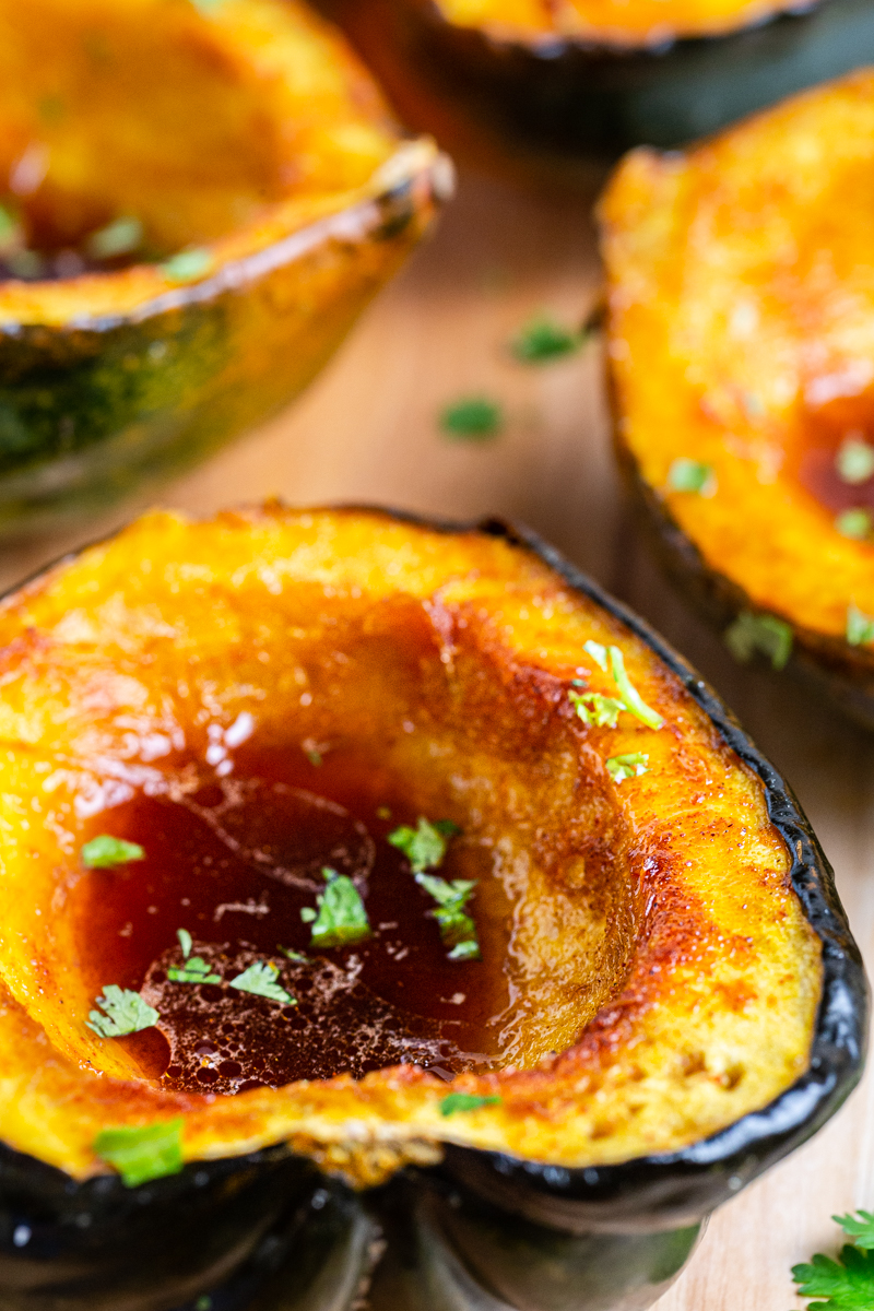 Close up photo of Low Carb Brown Sugar Chile Roasted Acorn Squash.