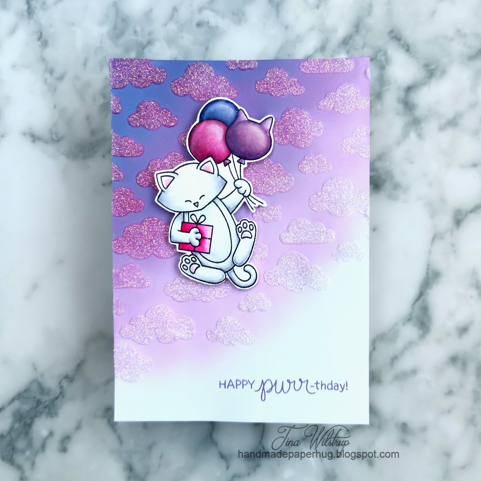 Feminine Cat Birthday Card by January Guest Designer Tina Wilstrup | Newton's Birthday Balloons Stamp Set and Cloudy Sky Stencil by Newton's Nook Designs #newtonsnook #handmade