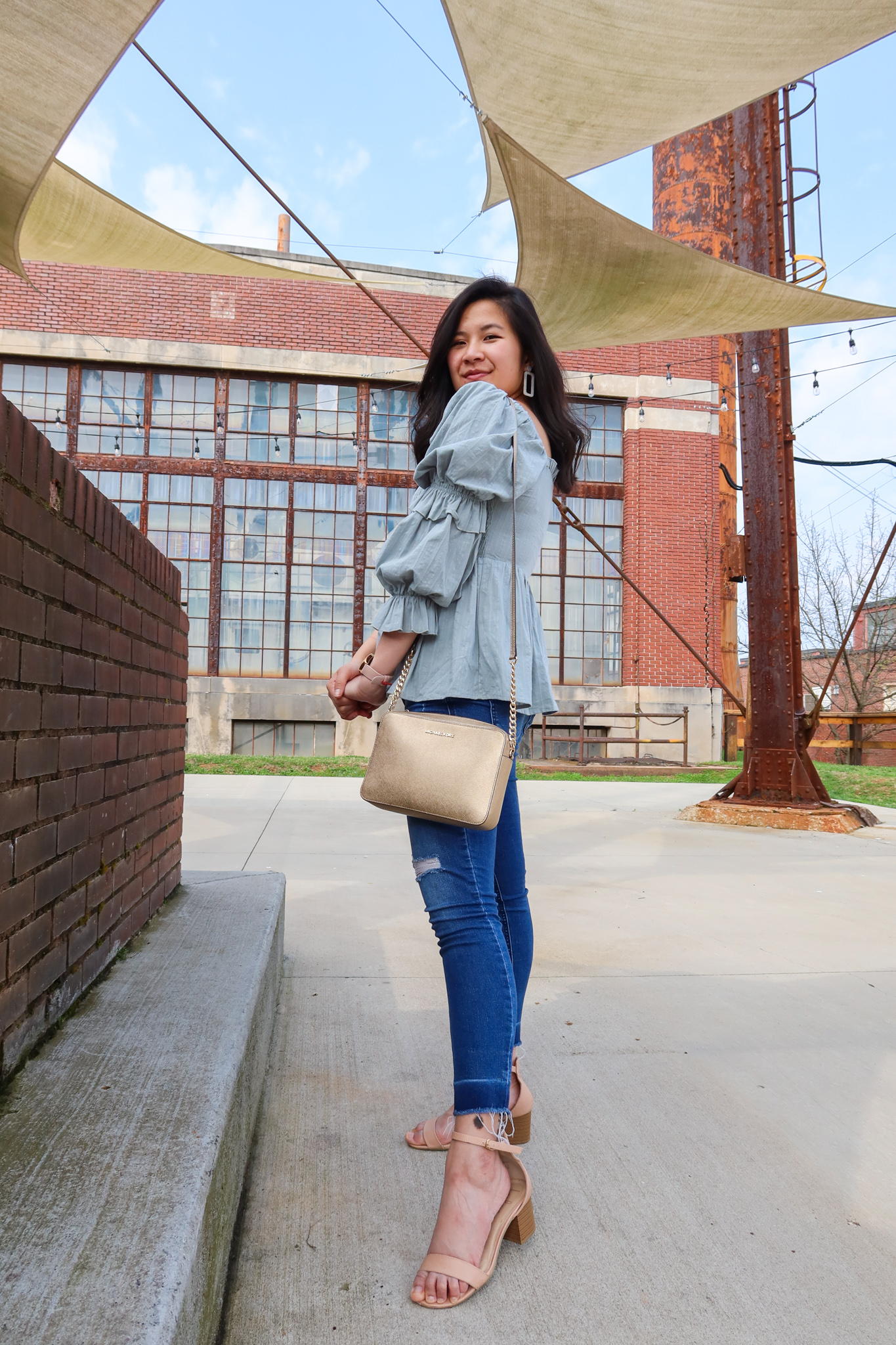 Sage Green Top styled with light wash skinny jeans and nude heels