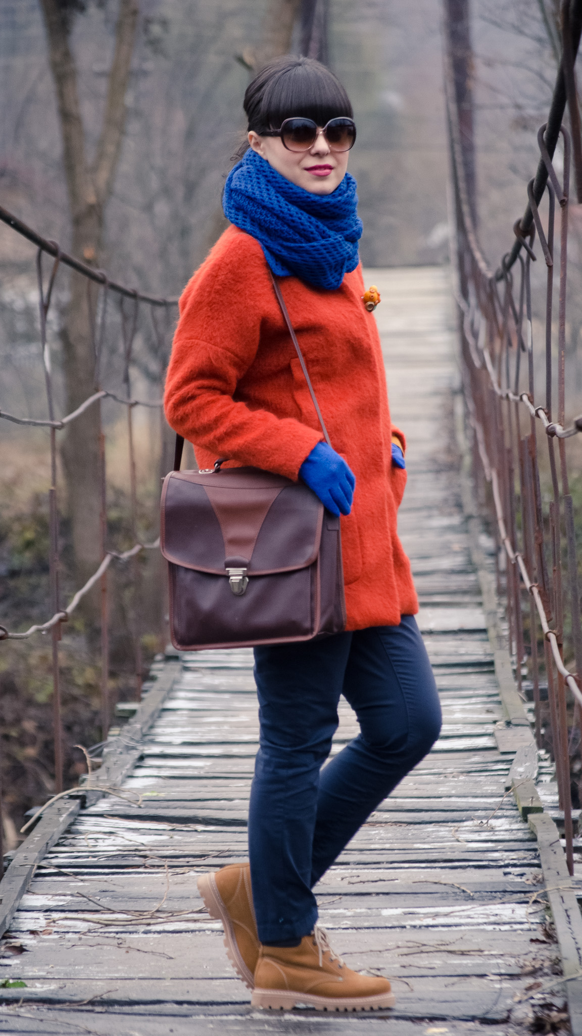 xxl purple winter coat thrifted satchel bag camel worker boots mustard turtleneck navy pants cobalt scarf gloves