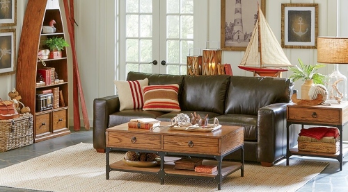 Nautical Living Room Idea with Brown Leader Sofa