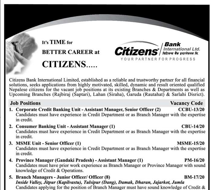Vacancy notice from Citizens Bank International Limited