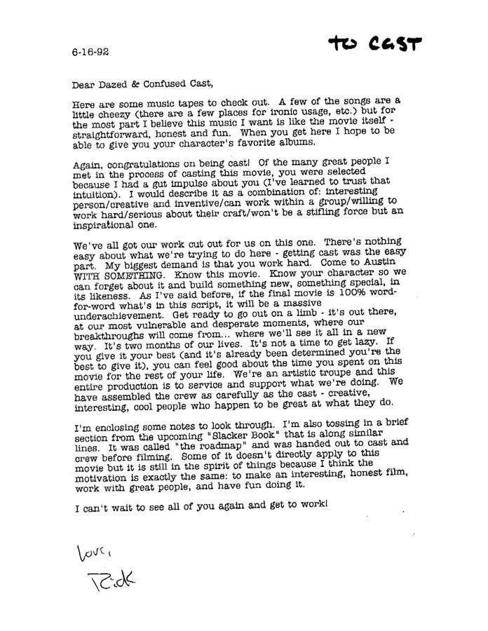 Linklater's Letter To The Cast