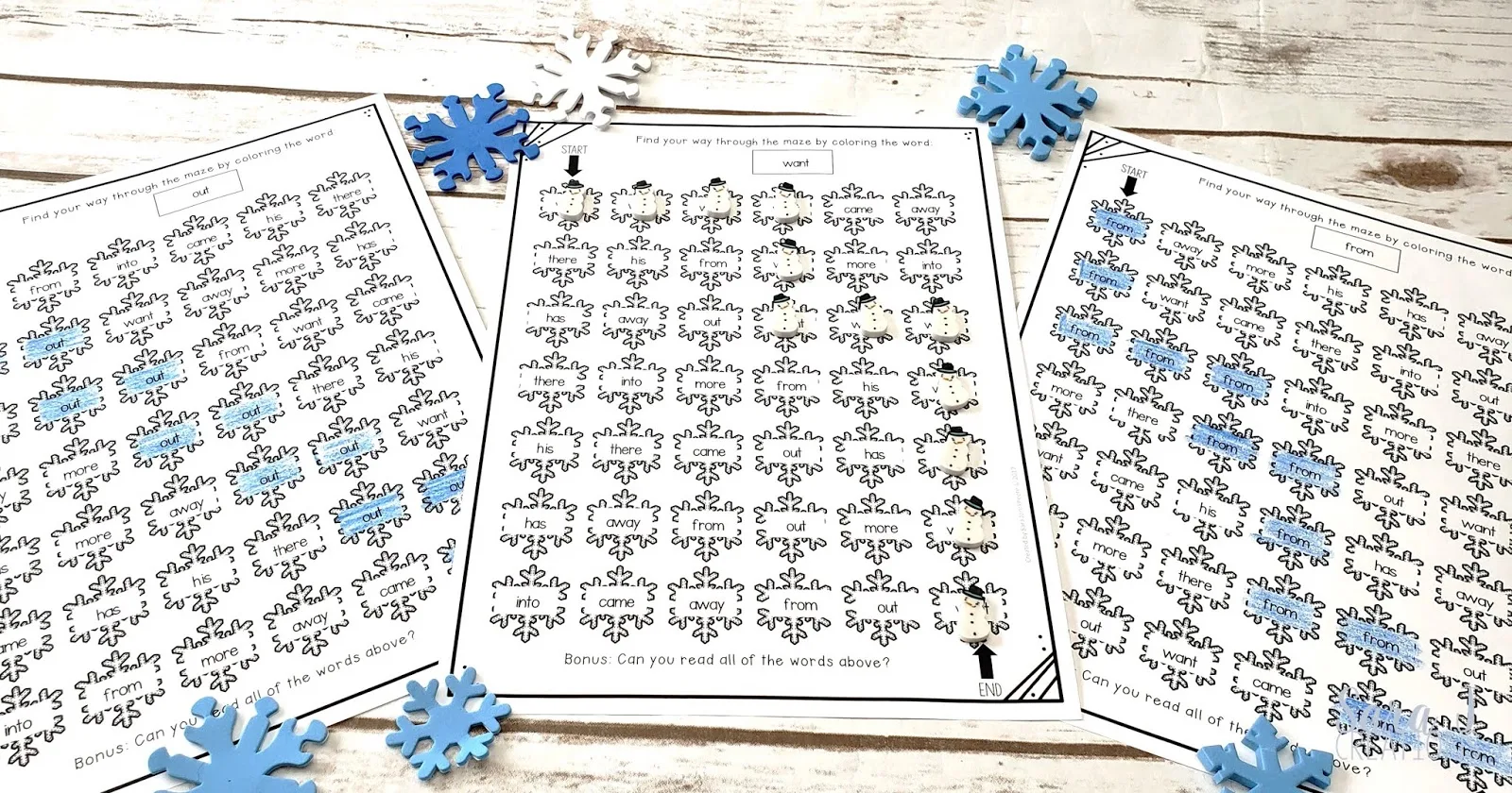 Free sight words printable mazes. With a fun snowflake theme, these are perfect for practicing any sight word list during the winter months.