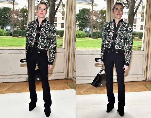 Charlotte Casiraghi at Paris Fashion Week show. Charlotte Casiraghi wore Giambattista Valli Macramé Lace Bomber Jacket and carried Giambattista Valli bags