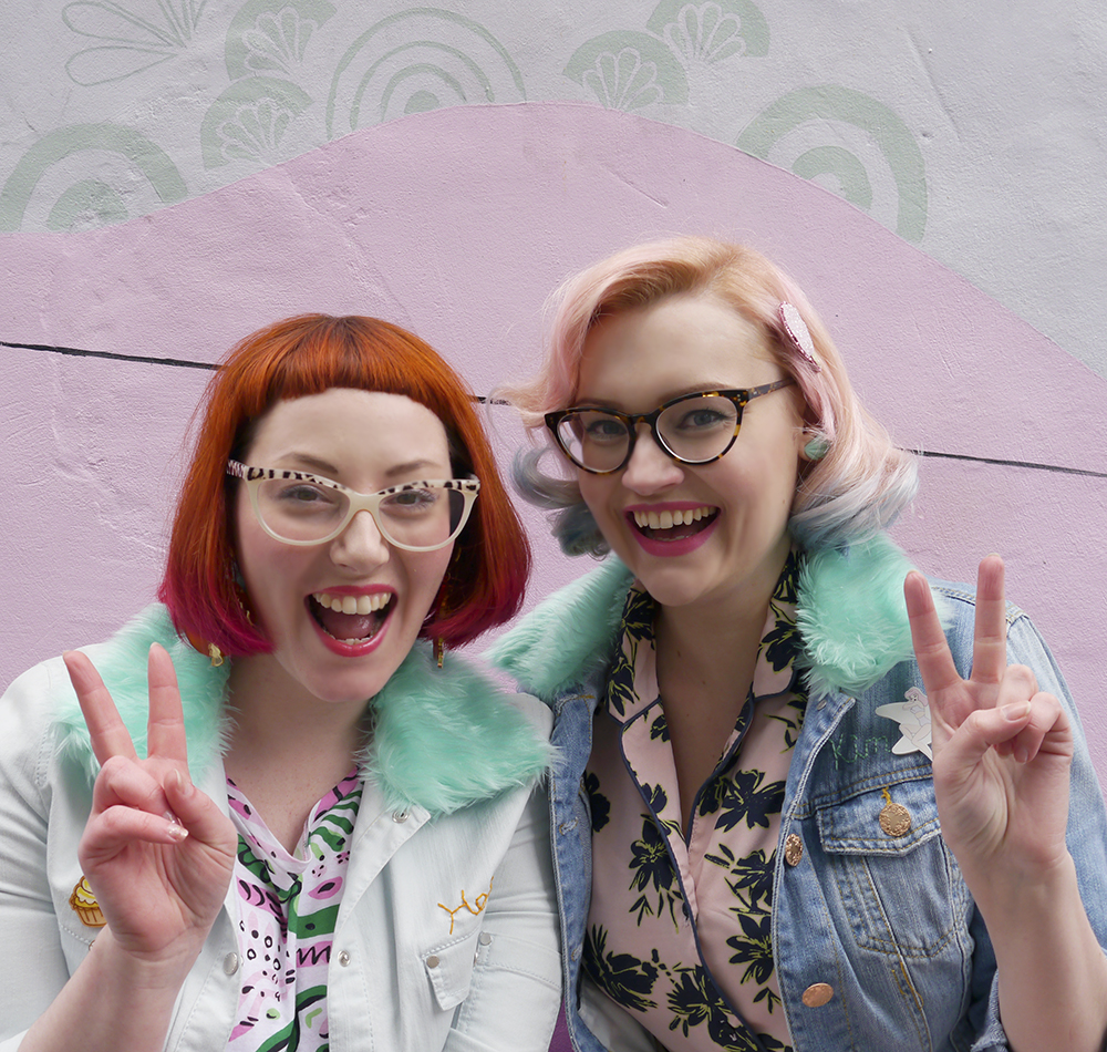 Blogger besties blog birthday, blogging duo, Edinburgh bloggers, Scottish bloggers, blogger style, Edinburgh street style, colourful style, clashing prints, pink hair, dip dye, red hair, ginger, girls who wear glasses, Monki style, customised denim jackets, milkshakes, Rollershakes, Hawaiian shirts, faux fur, ice cream cone graffiti, Edinburgh street art, colourful wall art