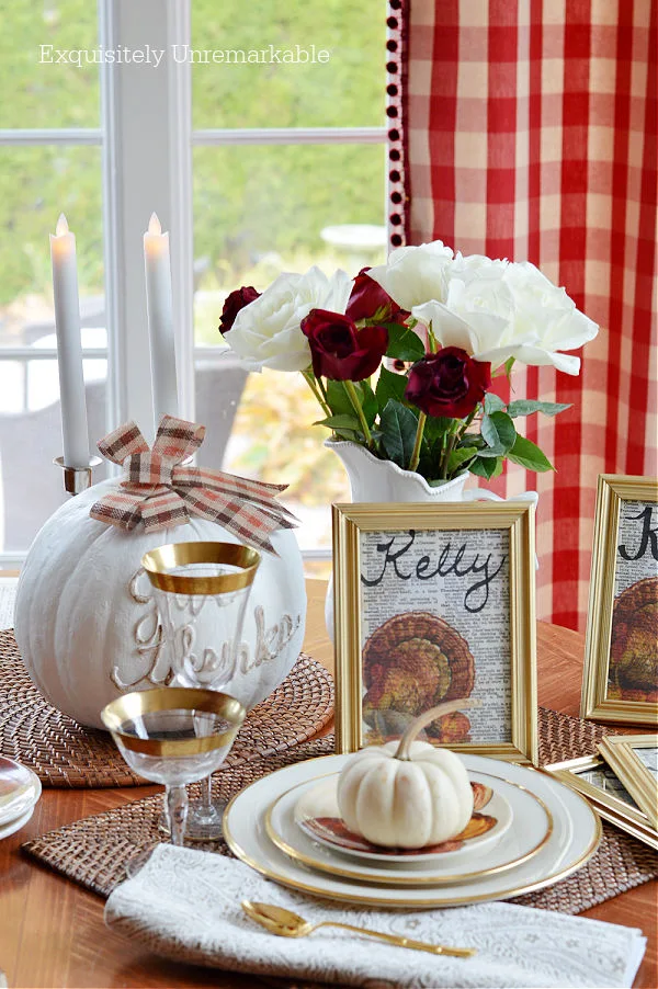 Thanksgiving Place Cards on table with gold and white plates