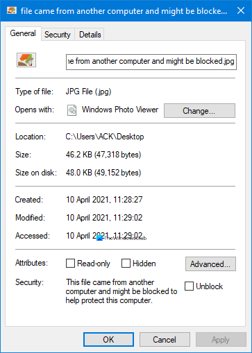 このファイルは別のコンピューターからのものであり、このコンピューターを保護するためにブロックされている可能性があります