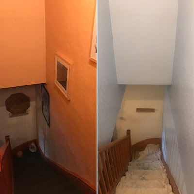 Two images of the same stairwell, first with warm peach walls and then with cool pale blue walls.