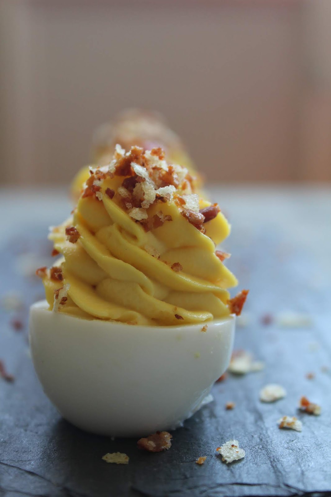 Authentic Suburban Gourmet Deviled Eggs with Bacon Potato Chip Dust