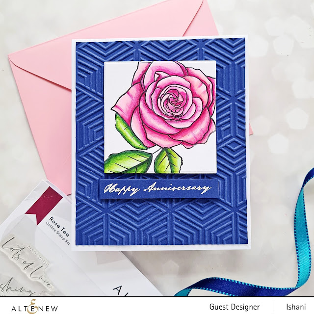 Video tutorial, Altenew Rose tea stamp set, Alcohol ink colred rose, Copic coloring rose, Altenew Rose tea, Anniversary Rose card, 3D Geo Diamonds Embossing folder