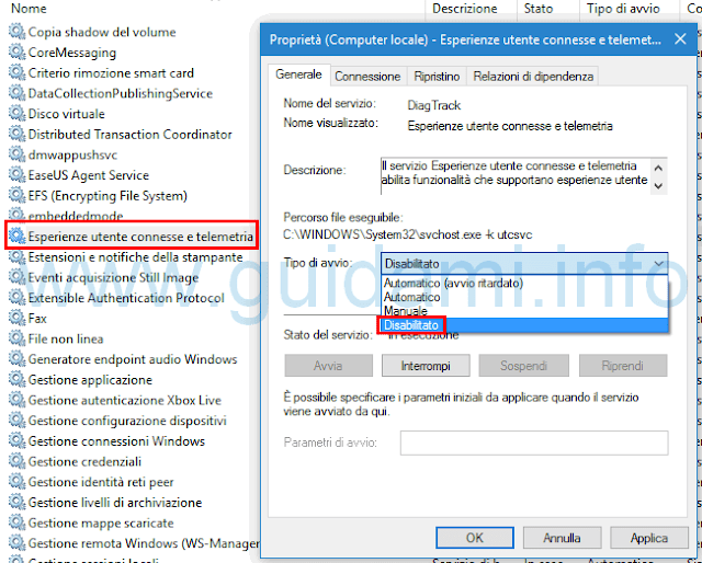 Windows 10 disattivare Esperienze utente connesse e telemetria