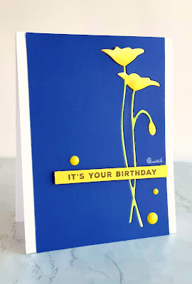 Memory box - prim poppy die, die cutting, CAS card, Quillish, cards by Ishani, Navy and yellow card, colored cardstock card