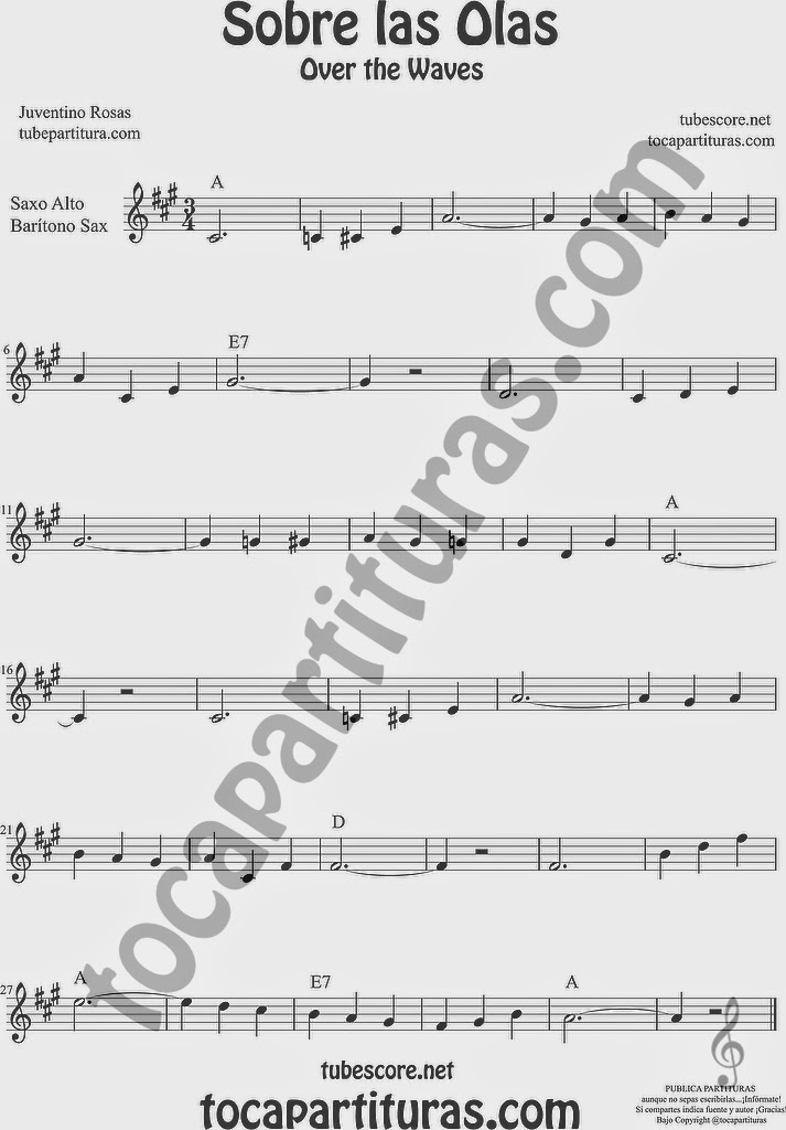  Sobre las Olas Partitura de Saxofón Alto y Sax Barítono Sheet Music for Alto and Baritone Saxophone Music Scores  Juventino Rosas Over the Waves