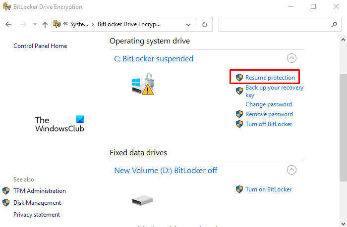 Windows10でBitLocker暗号化を再開します