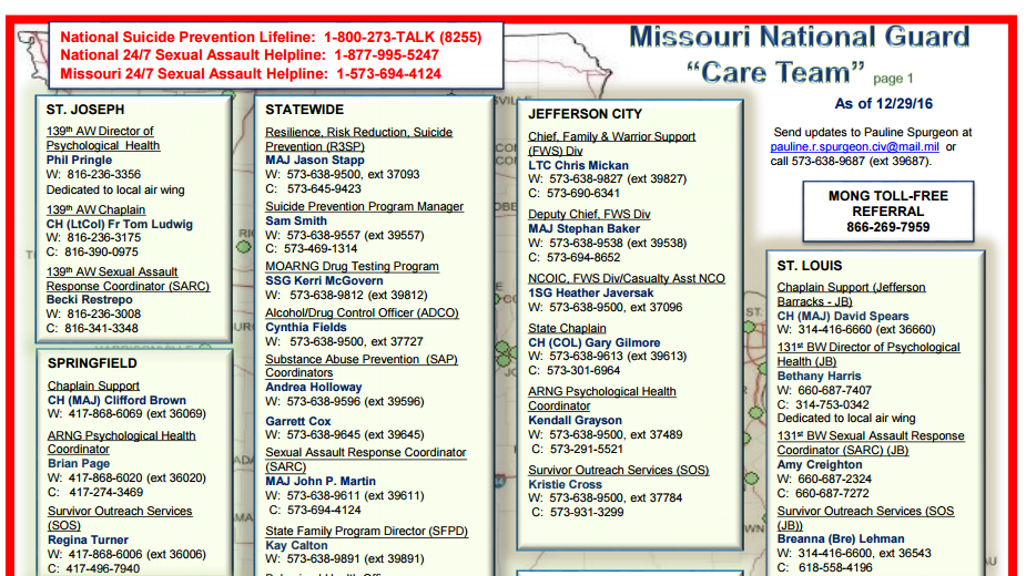 1138 IN REGT Religious Support Missouri National Guard Care Team Map