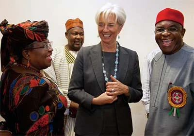 International Monetary Fund's Christine Lagarde, Nigerian Finance Minister Ngozi Okonjo-Iweala and Senate Leader David Mark in December 19, 2011 at the National Assembly Complex in Abuja, Nigeria.