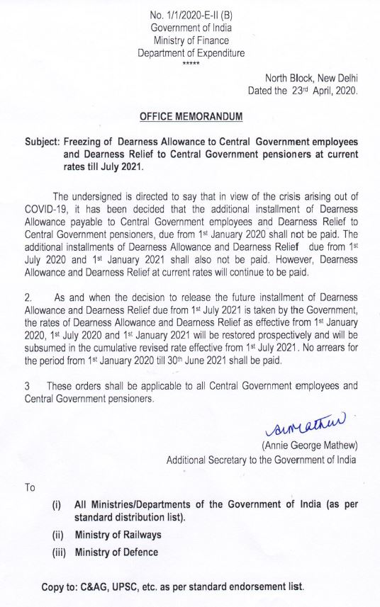 Freezing of DA to Central Government employees and DR to Pensioner till July 2021