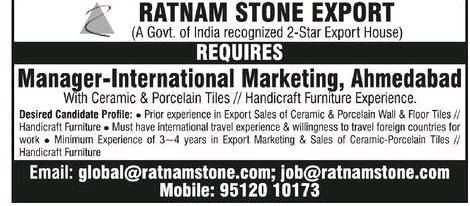 Ratnam Stone Export Gujarat Government Jobs For International Marketing Manager Check Now