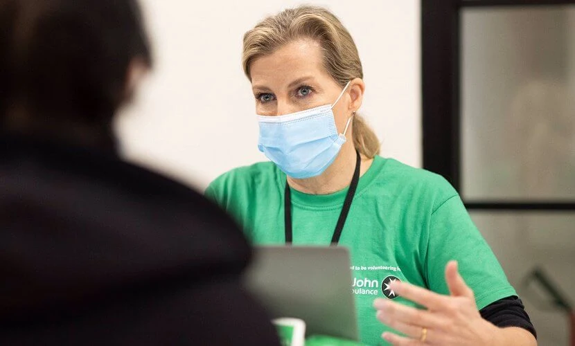 Countess of Wessex completed her first shift as a St John Ambulance Care Volunteer at a National Health Service vaccination centre