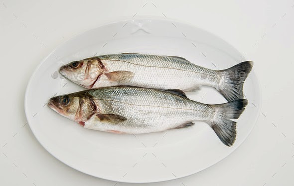 Couple of fresh raw seabass fish on white plate