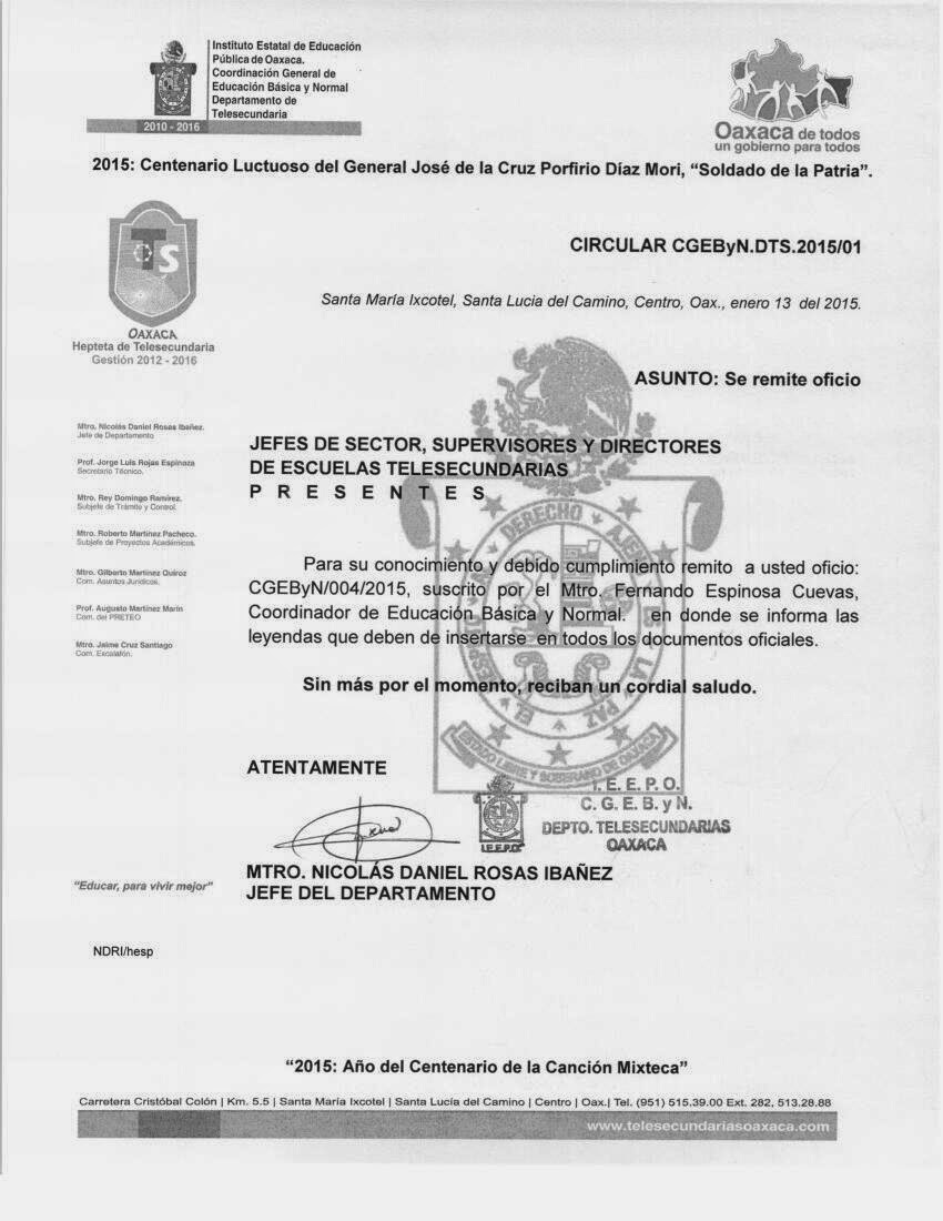 TeleSecundarias Oaxaca CIRCULAR DTS.2015/01 LEYENDA DE OFICIOS