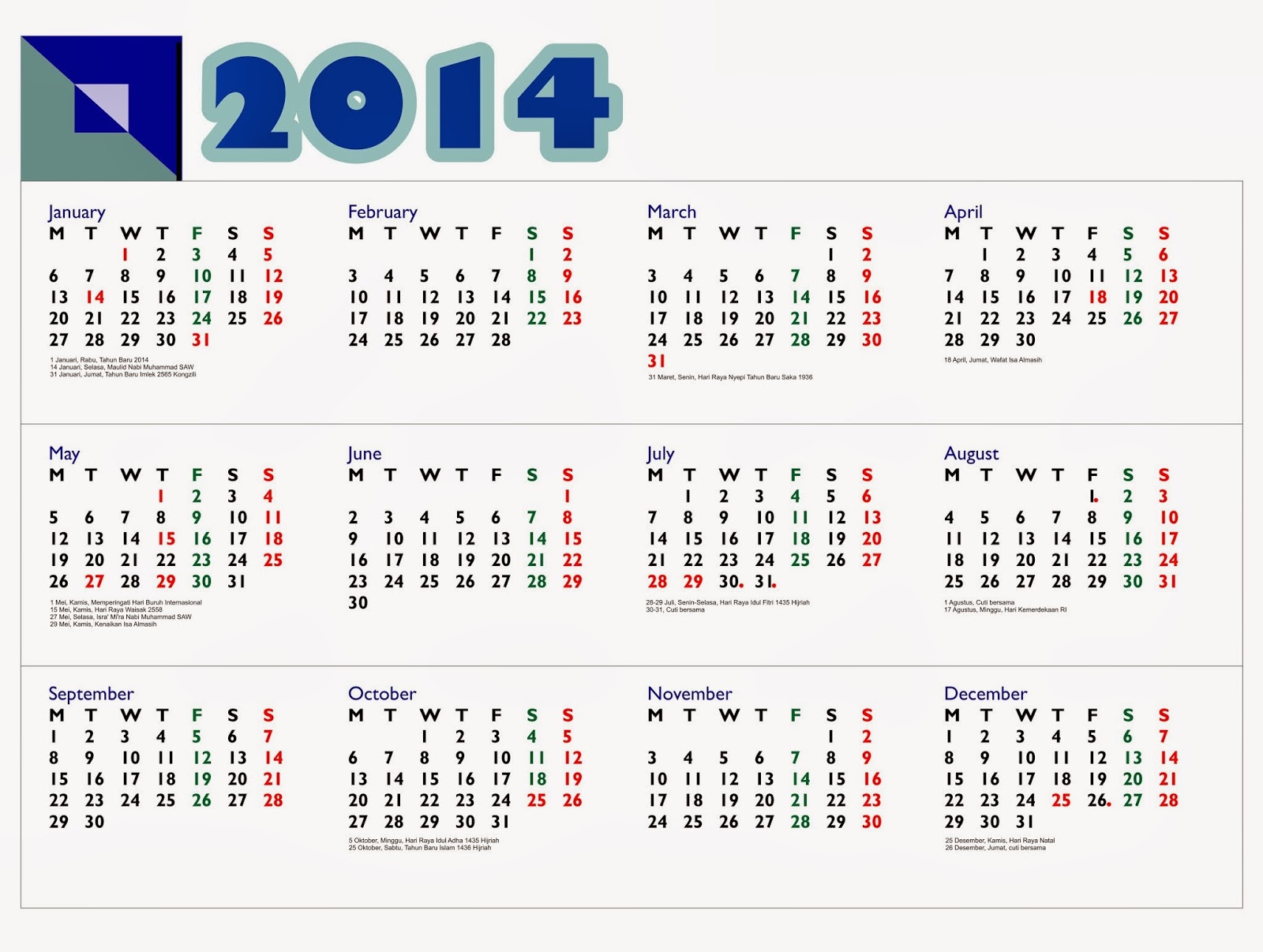 Kalender 2014  Lengkap Dengan Hari Libur Nasional dan 