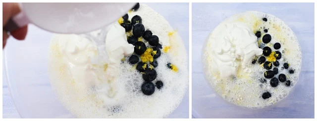 Making Blueberry Lemonade Scones - Step 3 - wet ingredients added to bowl (yoghurt and lemonade)